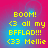 Pixelated yellow text on a pink-to-blue gradient background with four identical showing 'BOOM! <3 all my BFFLAD!!! <33 Mellie'
