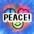 A heart-shaped icon with a blue background, featuring a green smiley face and text overlays reading PEACE!, LOVE!, and SMILEY FACES!.