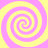 Four identical spiral patterns arranged in a on a yellow background, each spiral alternating between pink and yellow colors