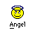 Pixelated yellow smiley face with blue halo and text "Angel" on gray background.