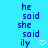 Blue background with repeated text 'he said she said ily' and white heart symbols arranged in a pattern