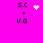 Pixel art icon with bright pink background showing text 'S.C + V.G' and animated white symbols changing between heart, starburst, and dot cluster.