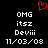 Red pixelated heart symbol above white text reading 'OMG itsz Deviii 11/03/08' on black background, duplicated side-by-side.