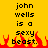Yellow background with black text reading 'john wells is a sexy beast.' and red pixelated flames at the bottom.