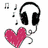 Pixelated icon with headphones, musical notes, and a heart on white background; four black display pink text phrases