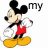 Mickey Mouse icon with red shorts, yellow shoes, white gloves, and black ears in a walking pose next to text reading 'my home' or partial variations.
