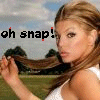 A woman with long brown hair in a white sleeveless top holds her hair against a grassy field background with text reading "oh snap!" in black and red letters.