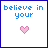 Pixelated blue text on white background with pink heart symbol, split into two showing sequential phrases