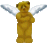 Pixelated golden angel figure with white wings in three sequential poses showing wing and head position changes.