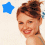 A pixelated image of a smiling person with brown hair in a bun, wearing a strapless top, surrounded by blue star shapes on a light background.
