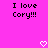 Pixelated text 'I love Cory!!!' in black on bright pink background with two white pixel hearts at bottom center and bottom right.