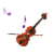 Animated sequence of a brown string instrument with purple musical notes floating around it against white background.