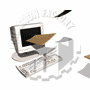 Animated sequence showing a CRT monitor and keyboard with brown paper fragments flying around, each frame depicting a different position of the fragments.