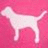 Pixelated white dog silhouette on solid pink background, standing in profile with tail extended and head turned left.