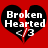 Two identical pixelated heart-shaped icons with black fill, red background, and white text reading "Broken Hearted <3" with a red crack through the heart.