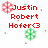Pixelated red text reads "Justin Robert Hofer<3" with two pixelated snowflake icons, one pink and one green, on a white background.