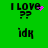 Green background displays four pixelated text-based icons arranged in a with animated pink particle effects near 'I LOVE ??' elements