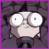 Animated sequence of a cartoon character with large round glasses and a pointed hat, showing eye movement against a dark patterned background.