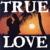 Pixelated icon with 'TRUE LOVE' text framing a silhouette of two figures embracing near an orange lantern against dark background.