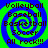 Four identical display sports and music text over a blue-green spiral background with pixelated text