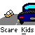 Pixelated animation of a blue car with cyan roof and red taillights, yellow smoke, and a white-and-yellow figure with arms raised, set against gray background with text "Scare Kids Scare" and "BAA AGH!".