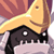 Pixelated static icon of a character with yellow beak-like nose, purple hair, and black mask over eyes against pinkish background.
