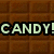 Pixelated image with 'CANDY!' text over chocolate bars and a rainbow-colored character on red background.