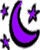 A static contact sheet showing two frames of a pixelated purple crescent moon and star animation with black outlines on gray background.