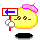 A pixel art contact sheet showing two frames of a yellow circular character with pink hair holding a sign, displaying different facial expressions and sign content across the frames.