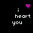 Pixelated icon with 'i heart you' text and animated pink symbols above the words on a black background.