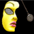 Pixelated yellow face with closed eyes, pink lips, and a gray circular object attached by a thin line on the right side.