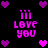 Pixelated pink text 'I'll LOVE you' repeated four times on black background with scattered purple and pink hearts.