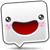 Pixelated speech bubble icon with rounded corners, red mouth shape, two circular eyes, and pink cheek marks on a gray background.
