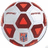 Pixelated soccer ball with red and white , small blue-and-red emblem on lower left , next to maroon background text reading "Varsity Soccer 07'" and "#18"