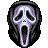 Pixel art of a stylized mask with glowing purple and white features against black background, mouth open in scream.