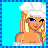 Pixel art contact sheet showing four frames of an animated character with blonde hair, white outfit, and black belt against a bright blue background, including text reading "TIME TO SNOW!!!!!".