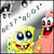 Pixelated cartoon characters Spongebob Squarepants and Patrick Star with exaggerated expressions against a white background with scattered gray shapes.