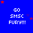 Blue background with repeated white text 'GO SMSC FURY!!!' and scattered red/purple stars, one gray rectangle in bottom-right corner.