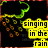 Pixelated icon with black background, green curved line resembling a rainbow or arc, orange and yellow circular shapes like raindrops, and bold yellow text reading 'singing in the rain'.