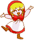 Pixelated cartoon character with blonde hair and red hooded dress performing sequential dance poses on gray background.