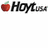 A pixelated red apple with green leaf next to black text reading 'Hoyt' on white background.