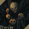 Pixel art image of a hooded figure with multiple skulls, each skull has glowing orange accents on the edges.