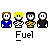 Pixel art animation of swirling patterns with blue, yellow, black, and white elements, featuring static 'Fuel' text and character icons at top-left and bottom-right corners.