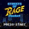 Pixel art display screen showing 'Streets of Rage Pocket' title with cityscape background and 'PRESS START' text, featuring four identical arranged in a