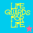 Four pixelated display yellow text 'LIFE GUARDS FOR LIFE' with a star icon changing color between blue and pink backgrounds