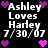 Black background with white text reading "Ashley Loves Harley 7/30/07" and purple/pink heart icons arranged in a pattern
