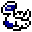 Pixelated character with blue and black details, white background, and a small gray rectangle on its face.