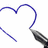 A pixelated image shows a blue heart outline being drawn by a gray pen on white paper, with black text reading "you make me draw those silly all over my paper" to the right.