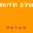 Pixelated orange background with white text reading 'martin bir' repeated horizontally and two of red and orange heart icons below