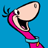 Pixelated cartoon character with pink body, black outline, and blue background showing open mouth and single eye.